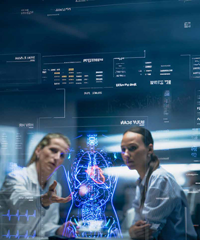 Healthcare professionals analyzing AI-powered patient data dashboards in a modern Asian hospital
